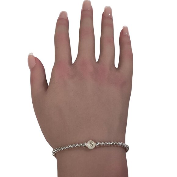925 Sterling Silver Beaded Stretch Stacking Bracelet MOP Letter Initial S - Picture 6 of 6